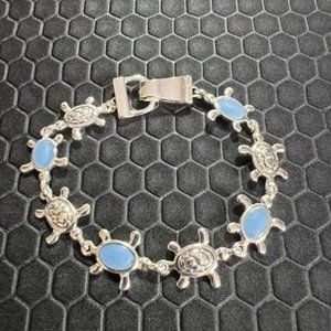 Turtle Bracelet with Blue Sea Glass Made of Sterling Silver